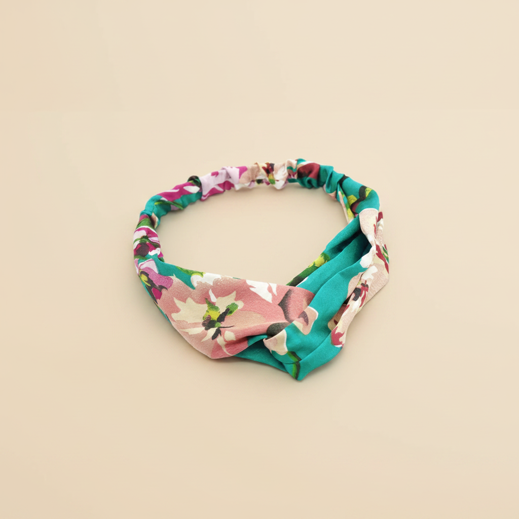 Bandeau Cheveux Fleurs Femme Tissu Turquoise Rose — Packshot fond beige — Les Jolies Têtes