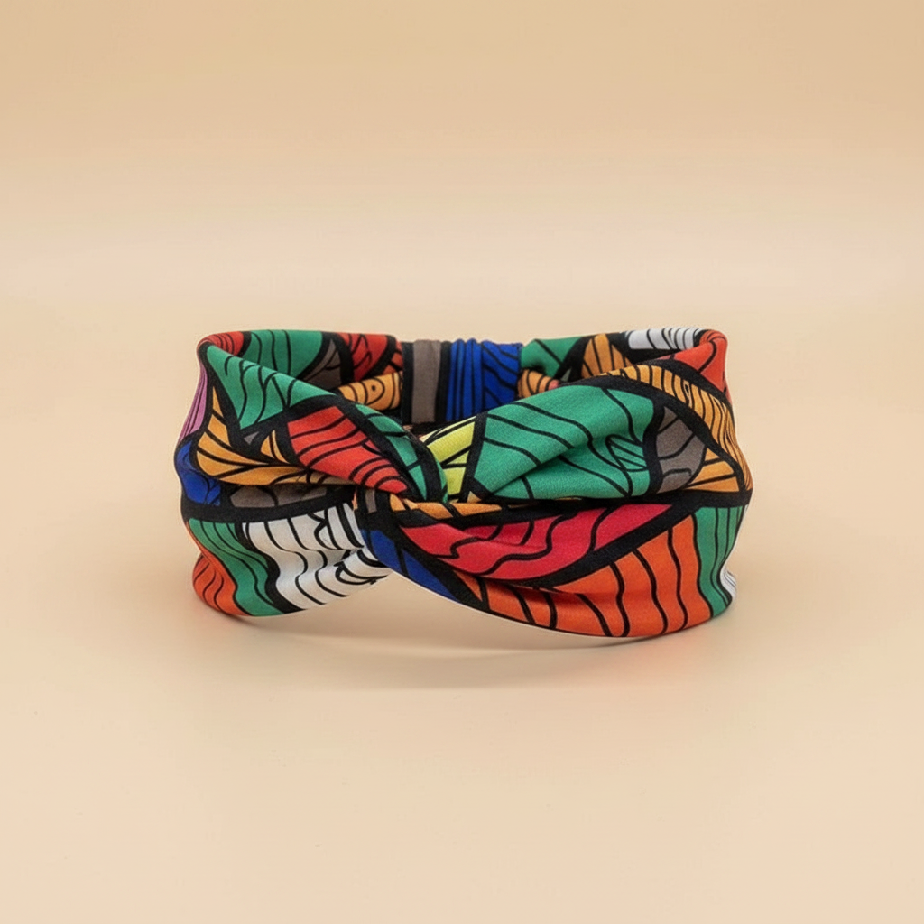 Bandeau Cheveux Abstrait Femme Tissu Multicolore — Packshot fond beige — Les Jolies Têtes