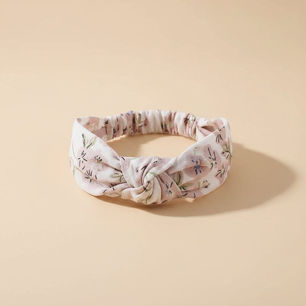 Bandeau Croisé Femme Tissu Rose Poudré Fleuri — Packshot fond beige — Les Jolies Têtes