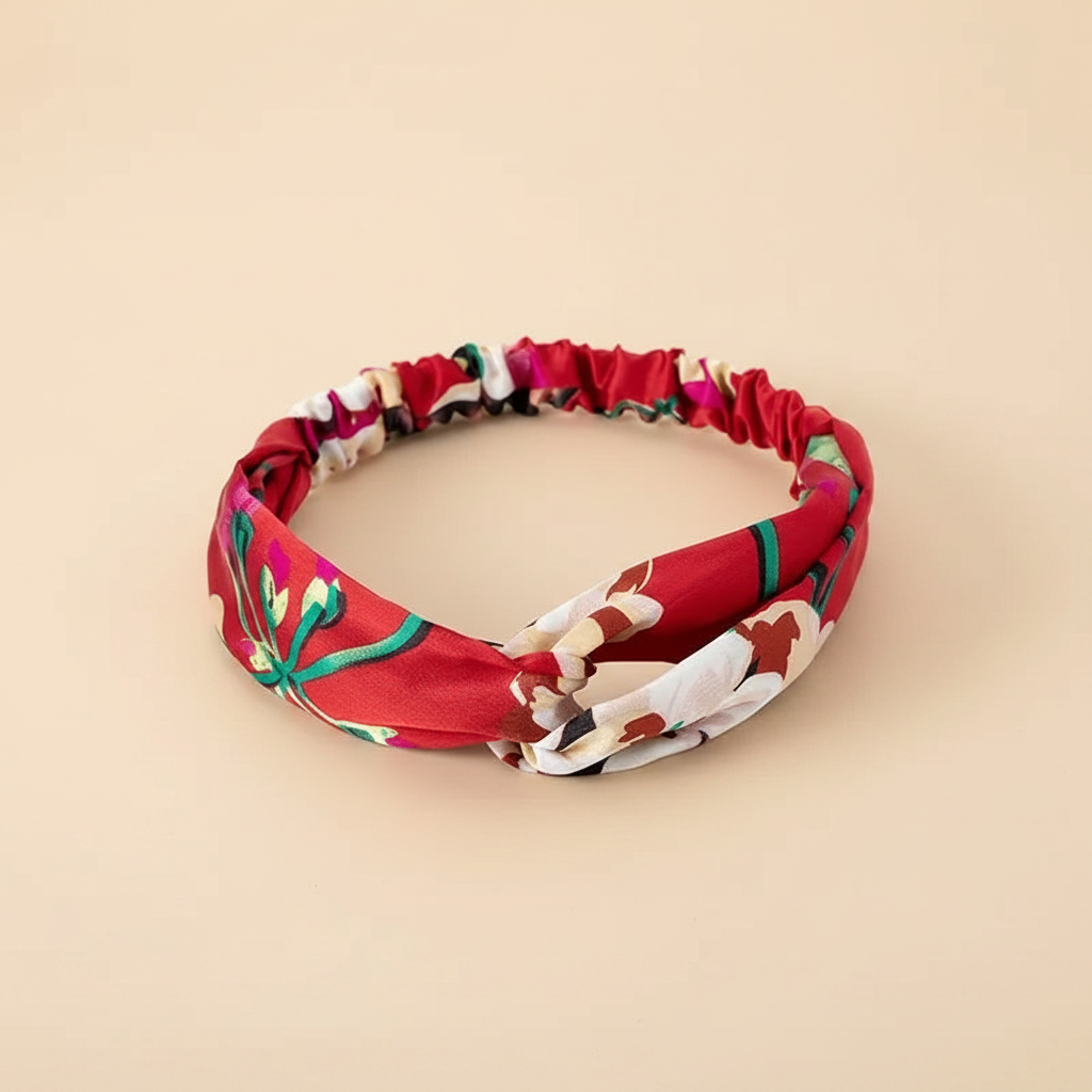 Bandeau Cheveux Torsadé Femme Tissu Fleuri Rouge — Packshot fond beige — Les Jolies Têtes