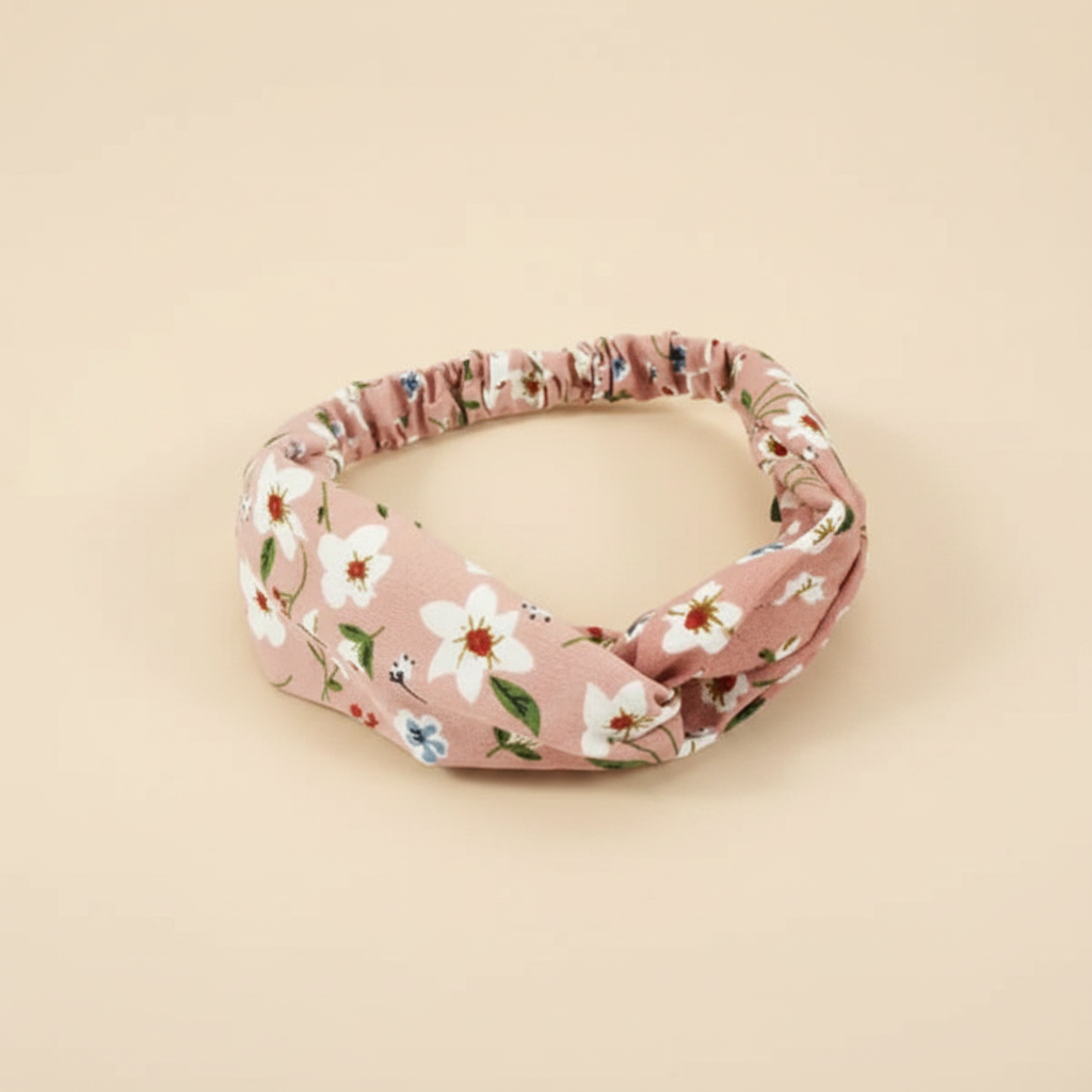 Bandeau Cheveux Fleurs Femme Tissu Rose Poudré Blanc — Packshot fond beige — Les Jolies Têtes
