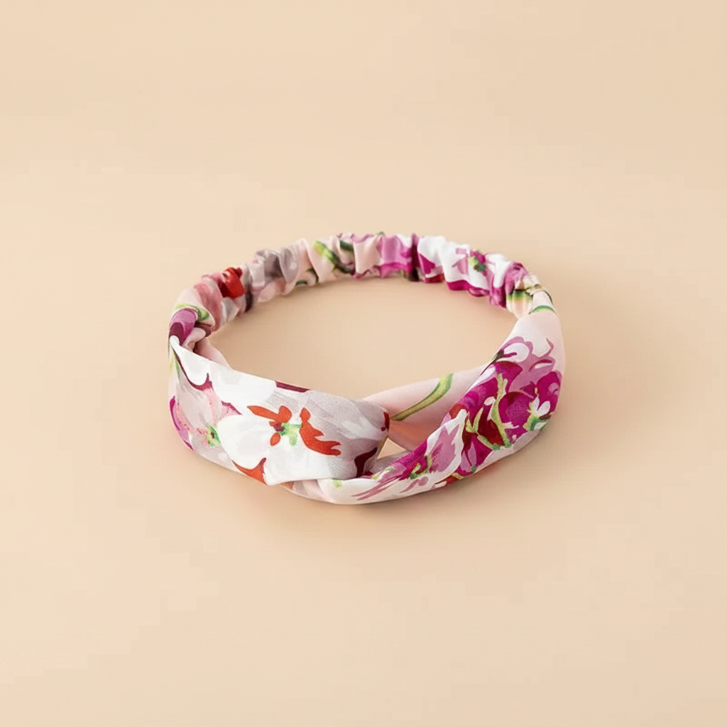 Bandeau Cheveux Torsadé Femme Tissu Fleuri Rose — Packshot fond beige — Les Jolies Têtes