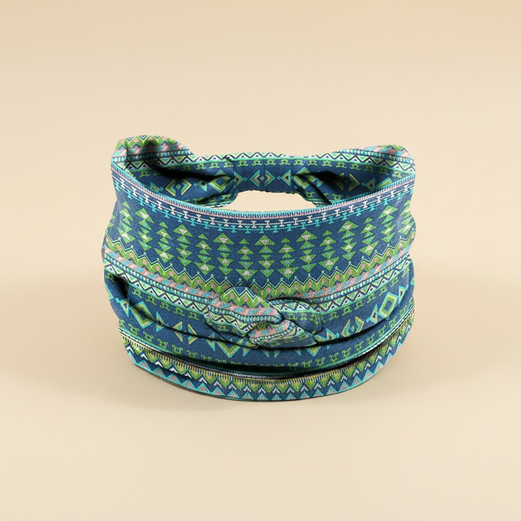 Bandeau Cheveux Ethnique Femme Tissu Bleu et Vert — Packshot fond beige — Les Jolies Têtes
