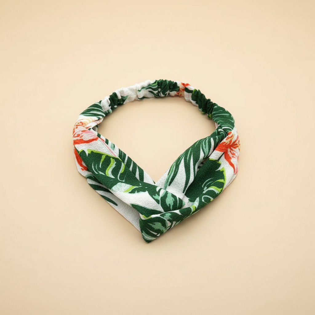 Bandeau Cheveux Tropical Femme Tissu Vert Blanc Orange — Packshot fond beige — Les Jolies Têtes
