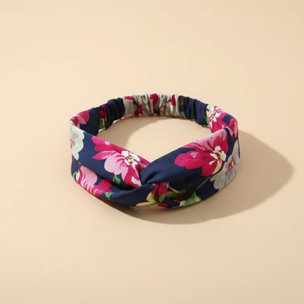 Bandeau Cheveux Fleurs Femme Tissu Bleu Marine Rose — Packshot fond beige — Les Jolies Têtes