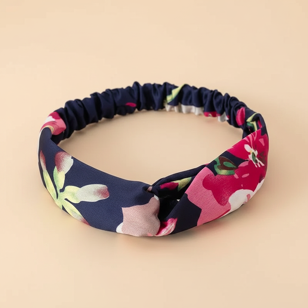 Bandeau Croisé Femme Tissu Bleu Marine Fleuri Rose — Packshot fond beige — Les Jolies Têtes