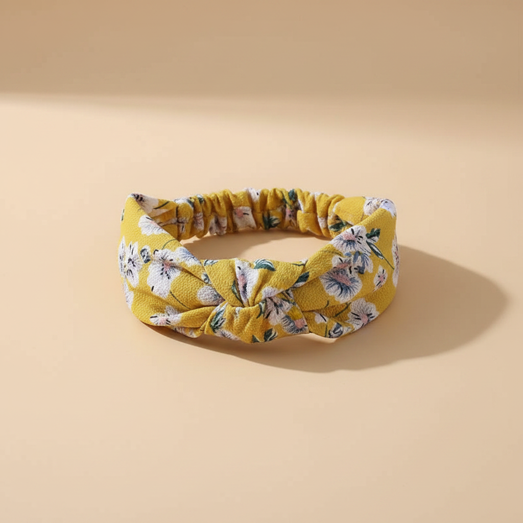Bandeau Croisé Femme Tissu Jaune Moutarde Fleuri — Packshot fond beige — Les Jolies Têtes