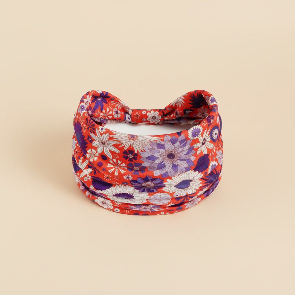 Bandeau Cheveux Fleurs Femme Tissu Rouge, Violet et Blanc — Packshot fond beige — Les Jolies Têtes