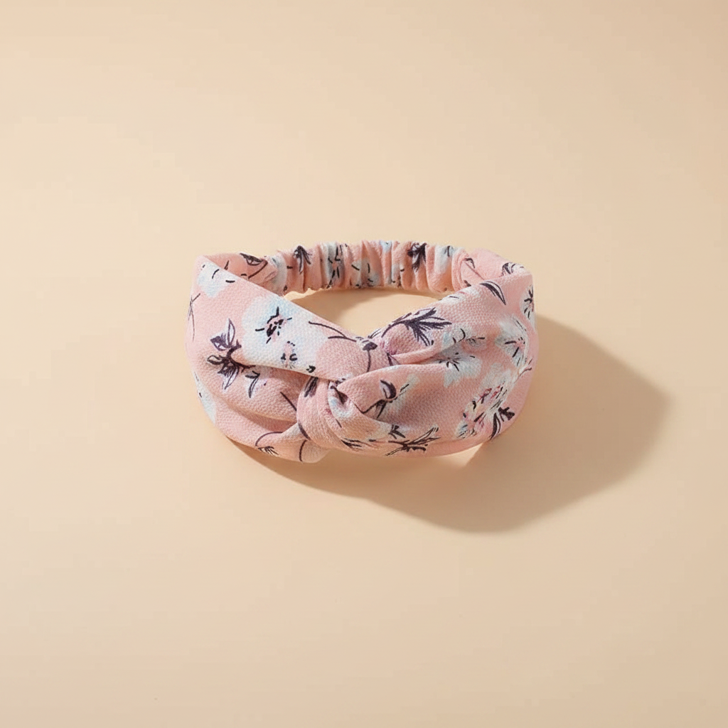 Bandeau Cheveux Croisé Femme Tissu Rose Fleuri — Packshot fond beige — Les Jolies Têtes