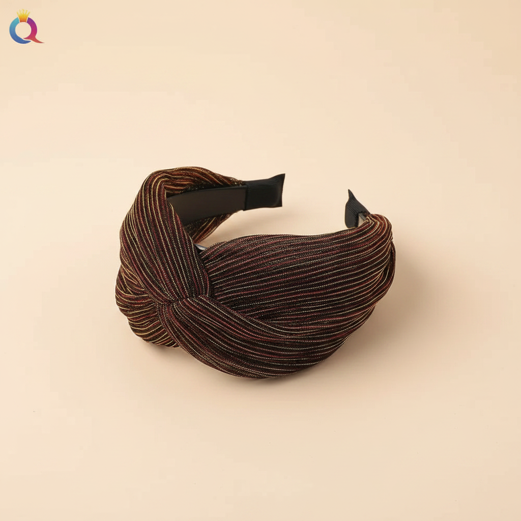 Serre Tête Plissé Femme Tissu Noir Rouge et Doré — Packshot fond beige — Les Jolies Têtes