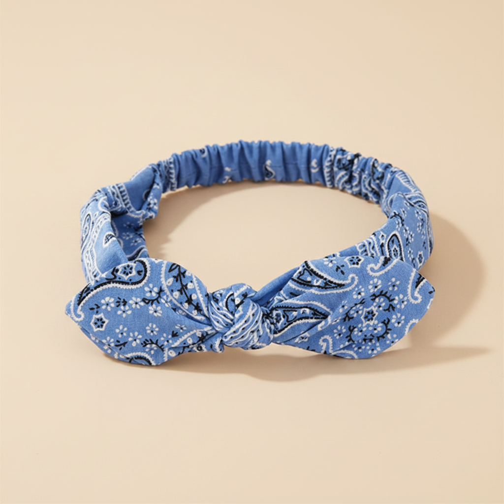 Bandeau Cheveux Bandana Femme Tissu Bleu Ciel Blanc Noir — Packshot fond beige — Les Jolies Têtes