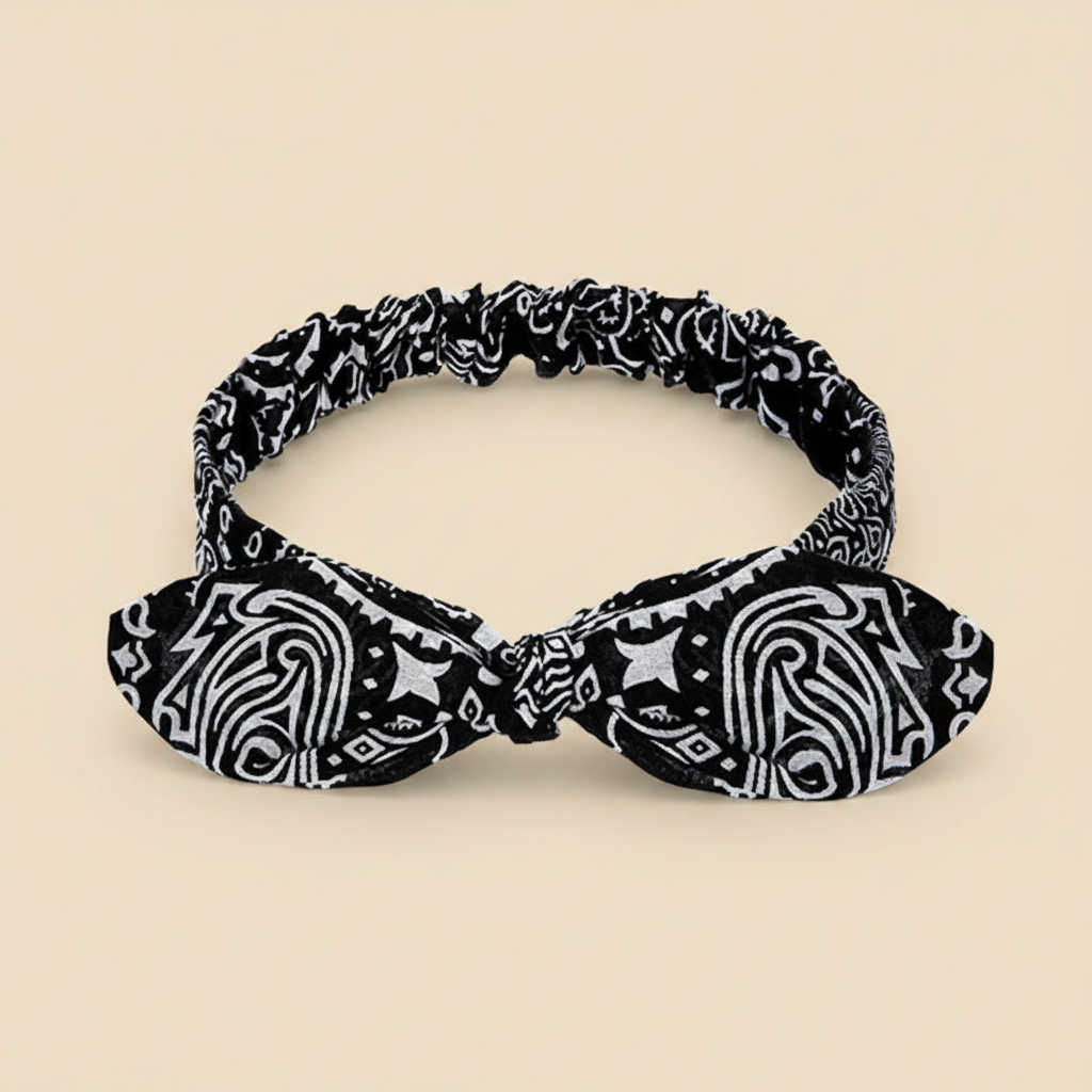 Bandeau Cheveux Bandana Femme Tissu Noir Blanc — Packshot fond beige — Les Jolies Têtes