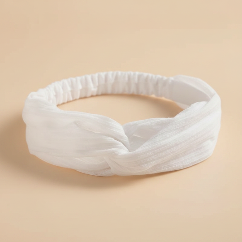 Bandeau Croisé Femme Tissu Côtelé Blanc — Packshot fond beige — Les Jolies Têtes