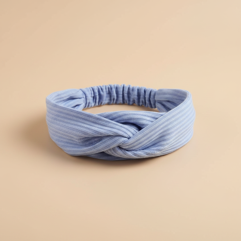 Bandeau Cheveux Croisé Femme Tissu Côtelé Bleu Ciel — Packshot fond beige — Les Jolies Têtes