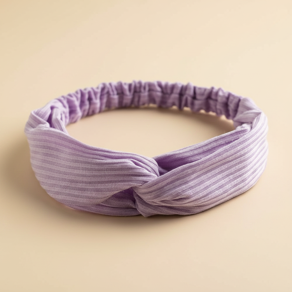Bandeau Croisé Femme Tissu Côtelé Lilas — Packshot fond beige — Les Jolies Têtes