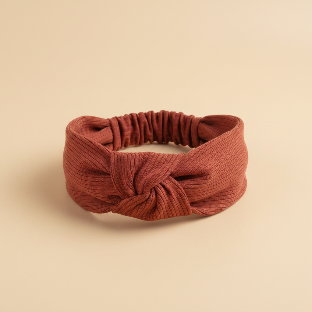 Bandeau Croisé Femme Tissu Côtelé Terracotta — Packshot fond beige — Les Jolies Têtes