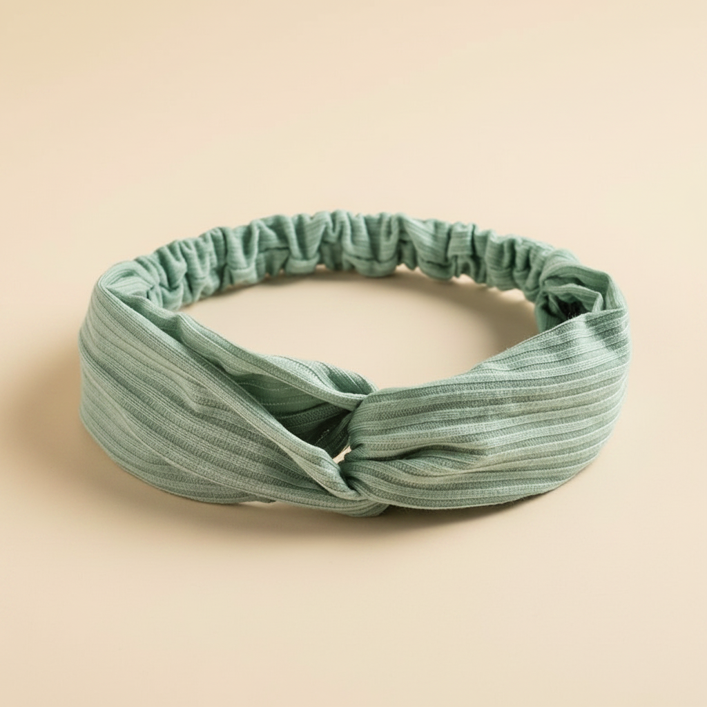 Bandeau Croisé Femme Tissu Côtelé Vert Sauge — Packshot fond beige — Les Jolies Têtes