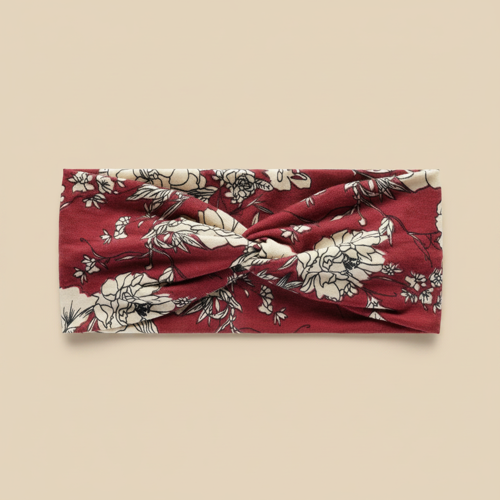 Bandeau Cheveux Croisé Femme Tissu Fleuri Bordeaux et Ivoire — Packshot fond beige — Les Jolies Têtes