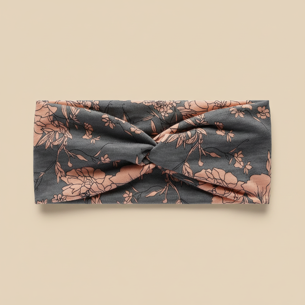 Bandeau Cheveux Croisé Femme Tissu Fleuri Gris Ardoise et Rose Nude — Packshot fond beige — Les Jolies Têtes