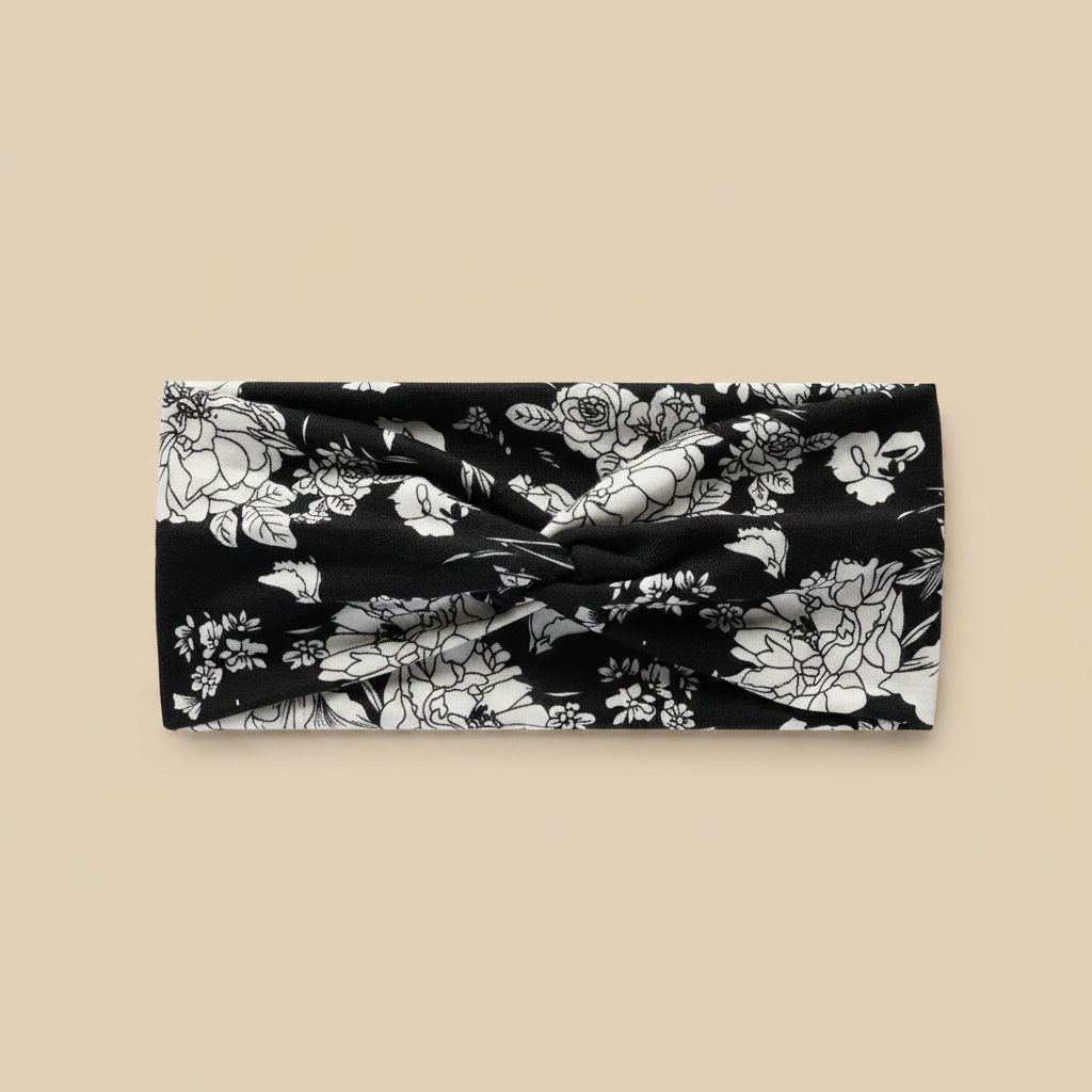 Bandeau Cheveux Croisé Femme Tissu Fleuri Noir et Blanc — Packshot fond beige — Les Jolies Têtes