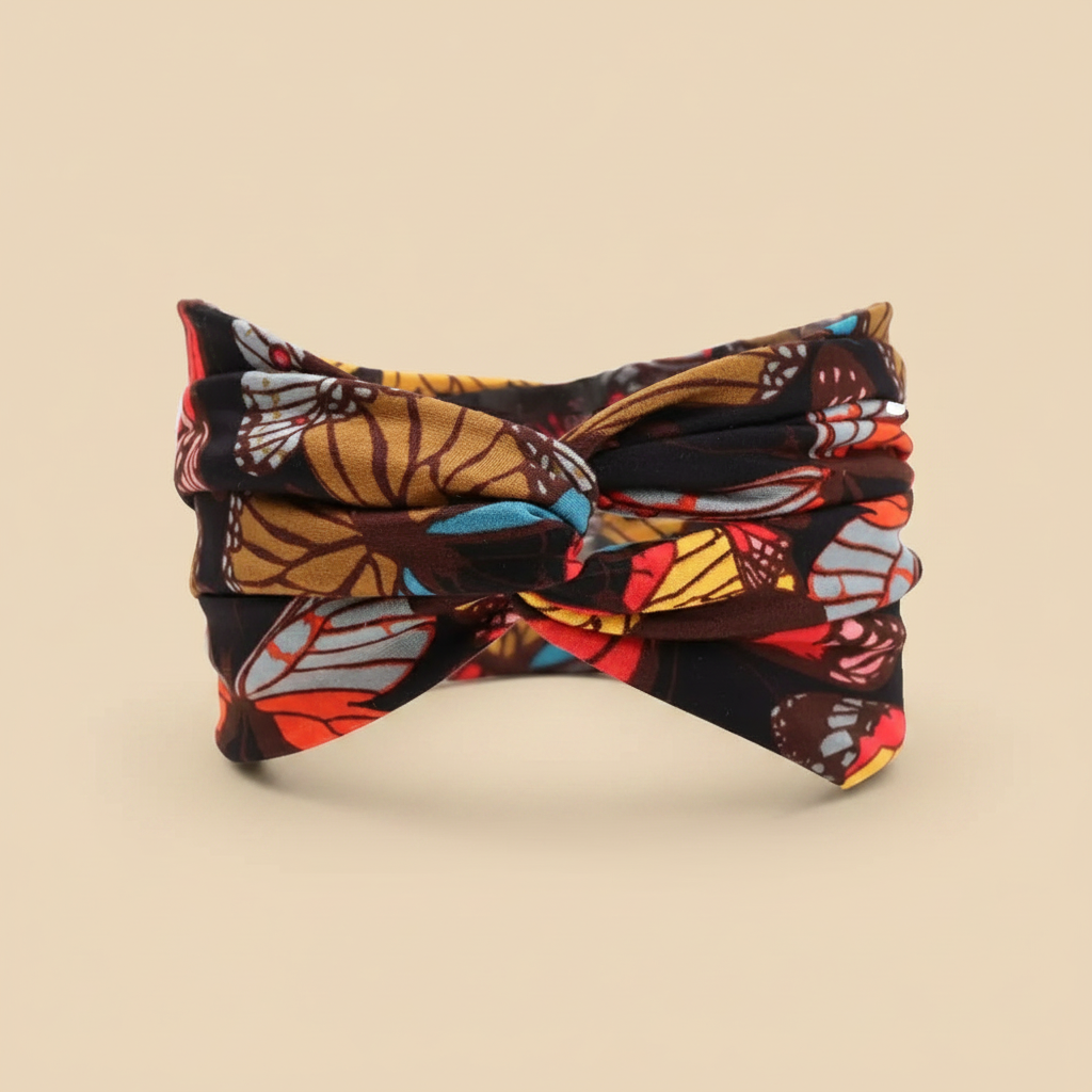 Bandeau Cheveux Croisé Femme Tissu Imprimé Feuillage Multicolore — Packshot fond beige — Les Jolies Têtes