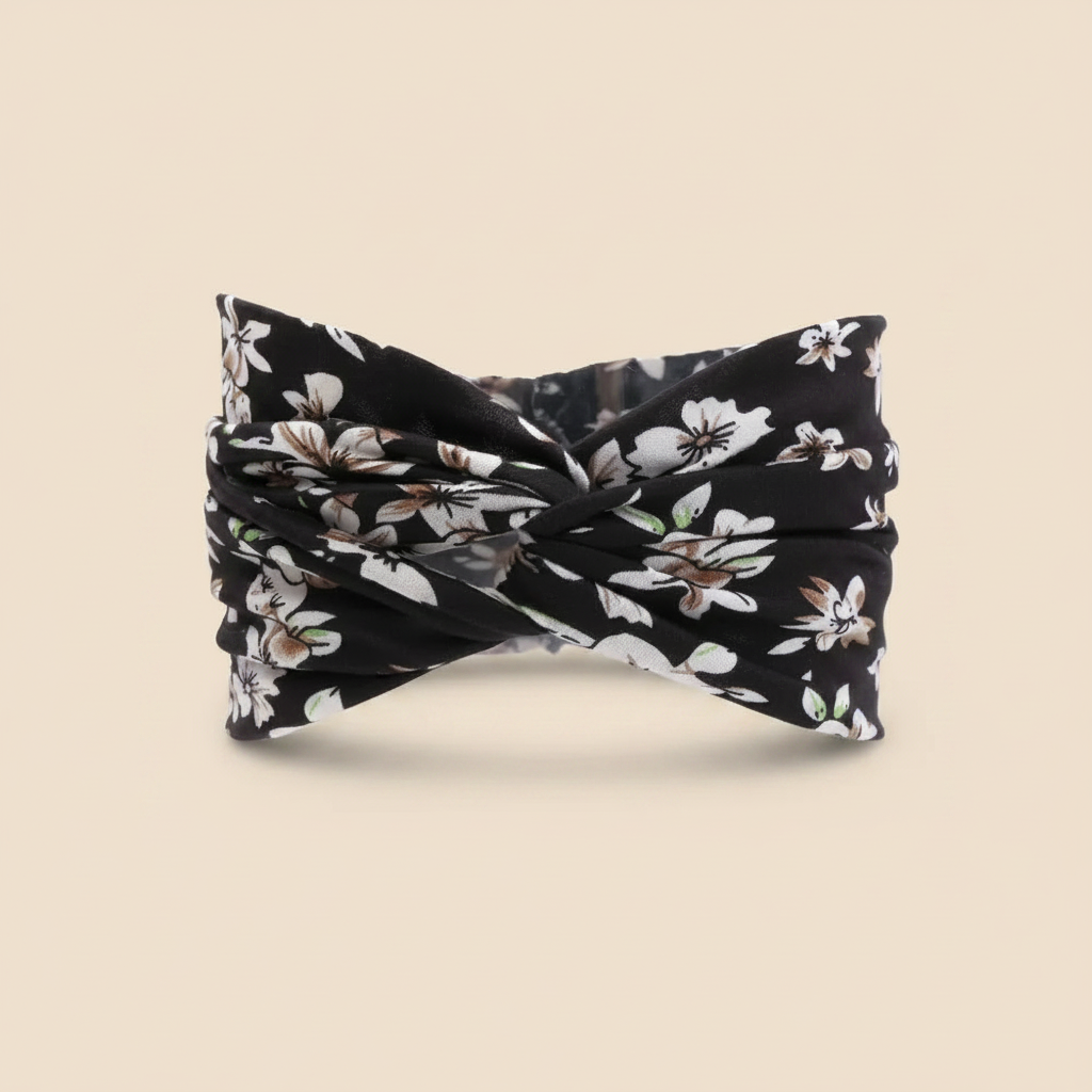 Bandeau Cheveux Croisé Femme Tissu Imprimé Floral Noir Blanc — Packshot fond beige — Les Jolies Têtes