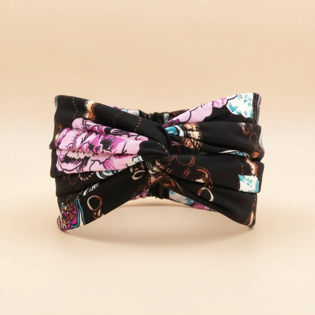 Bandeau Cheveux Croisé Femme Tissu Imprimé Floral Baroque Noir Rose — Packshot fond beige — Les Jolies Têtes