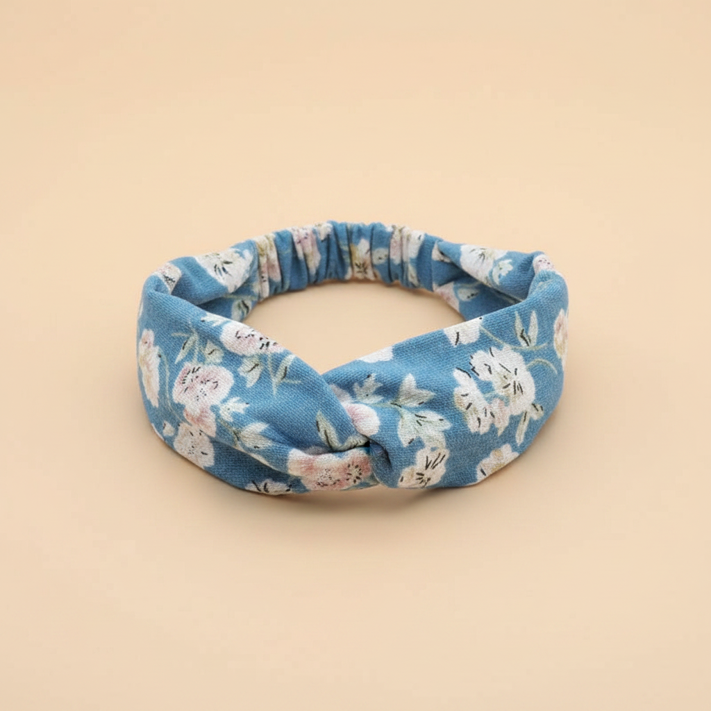 Bandeau Cheveux Fleurs Femme Tissu Bleu Jean Blanc Rose — Packshot fond beige — Les Jolies Têtes