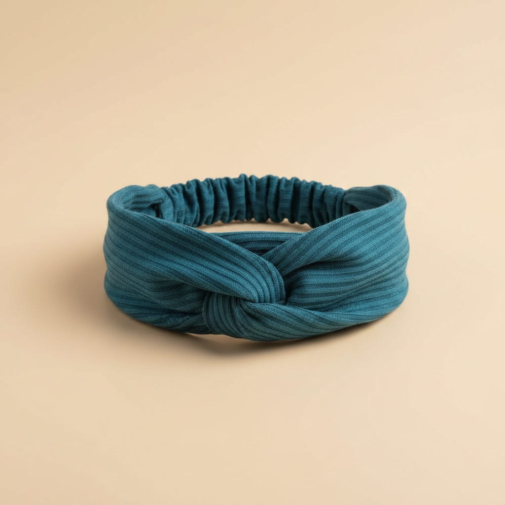 Bandeau Croisé Femme Tissu Côtelé Bleu Pétrole — Packshot fond beige — Les Jolies Têtes