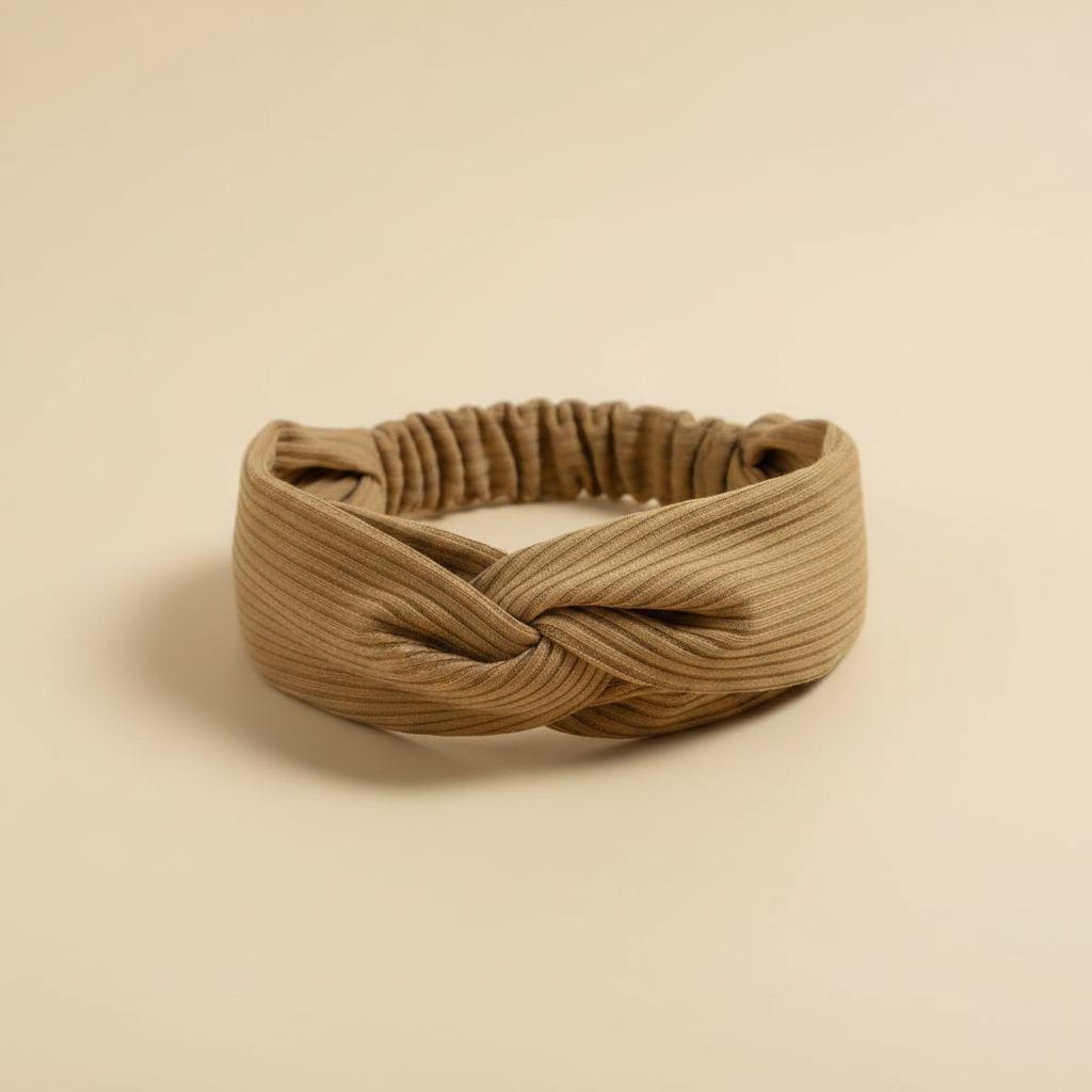 Bandeau Croisé Femme Tissu Côtelé Camel — Packshot fond beige — Les Jolies Têtes