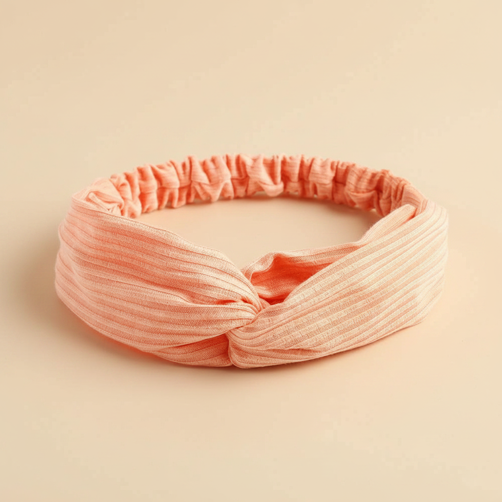 Bandeau Croisé Femme Tissu Côtelé Corail Clair — Packshot fond beige — Les Jolies Têtes
