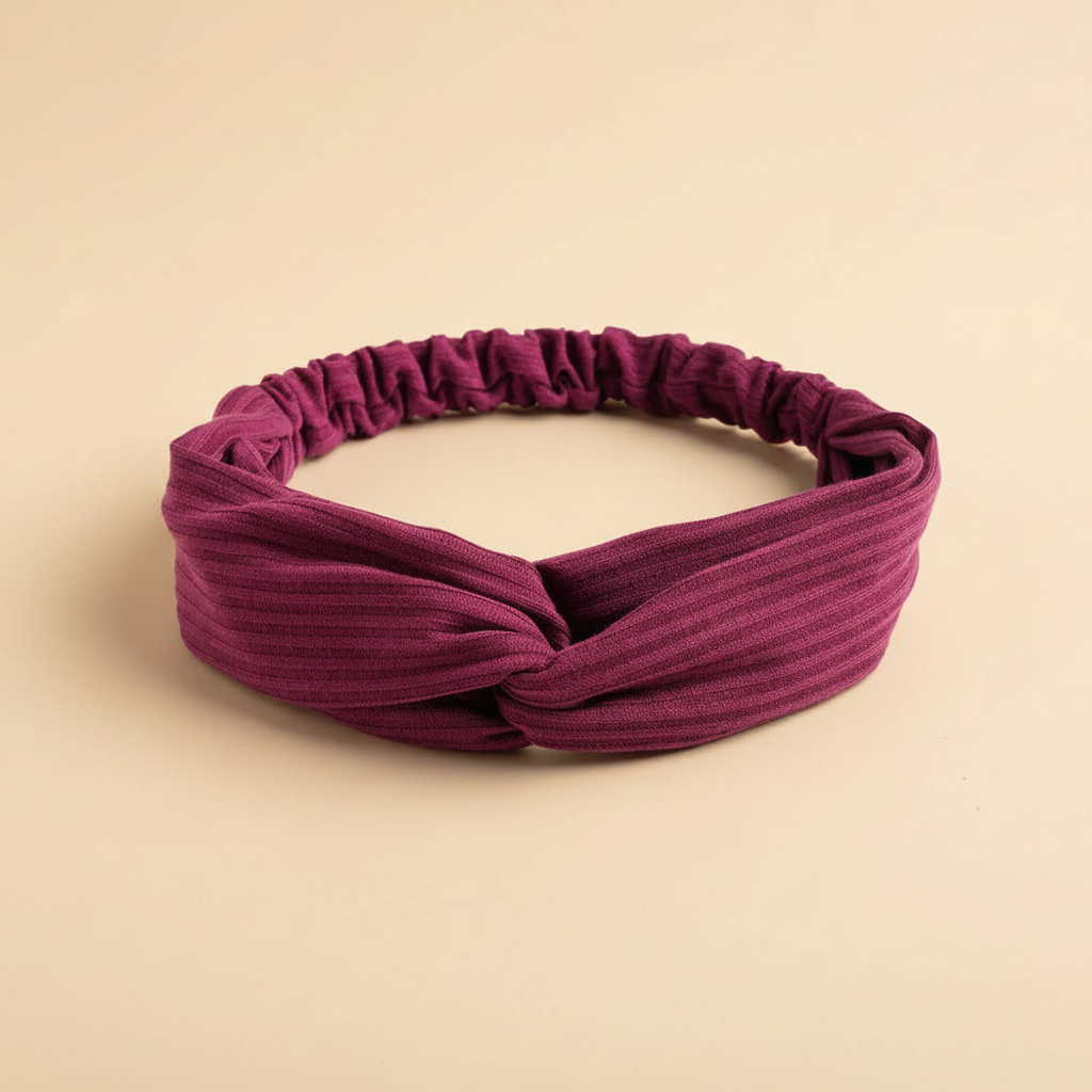 Bandeau Croisé Femme Tissu Côtelé Prune — Packshot fond beige — Les Jolies Têtes