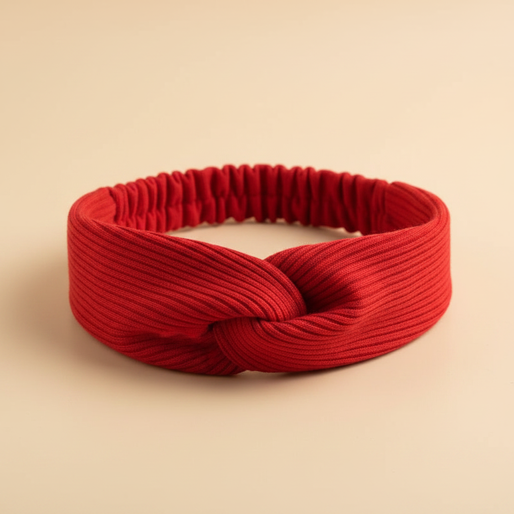 Bandeau Croisé Femme Tissu Côtelé Rouge Coquelicot — Packshot fond beige — Les Jolies Têtes