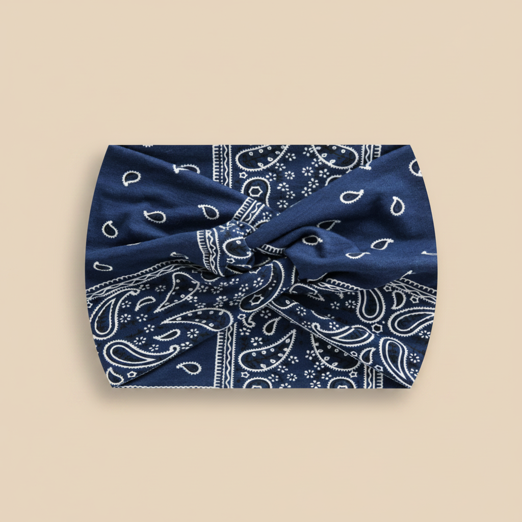 Bandeau Croisé Femme Tissu Imprimé Paisley Bleu Marine — Packshot fond beige — Les Jolies Têtes