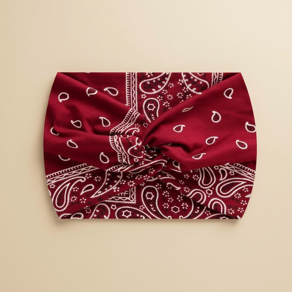 Bandeau Croisé Femme Tissu Imprimé Paisley Bordeaux — Packshot fond beige — Les Jolies Têtes