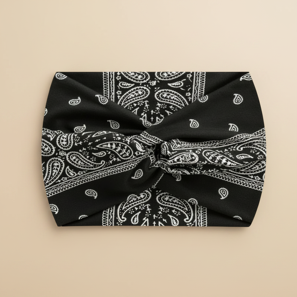 Bandeau Croisé Femme Tissu Imprimé Paisley Noir — Packshot fond beige — Les Jolies Têtes