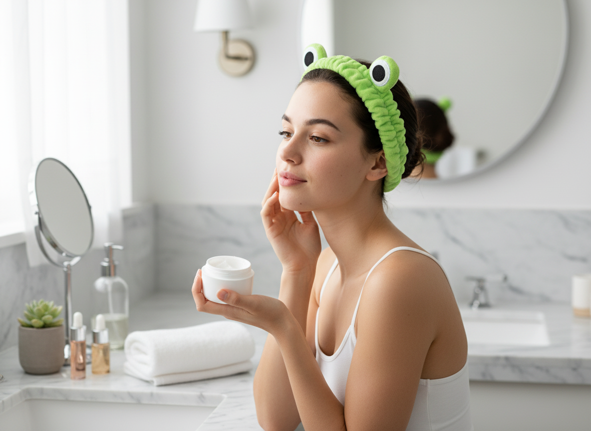 Bandeau Spa Grenouille Femme Peluche Verte — Modèle — éditorial — Les Jolies Têtes