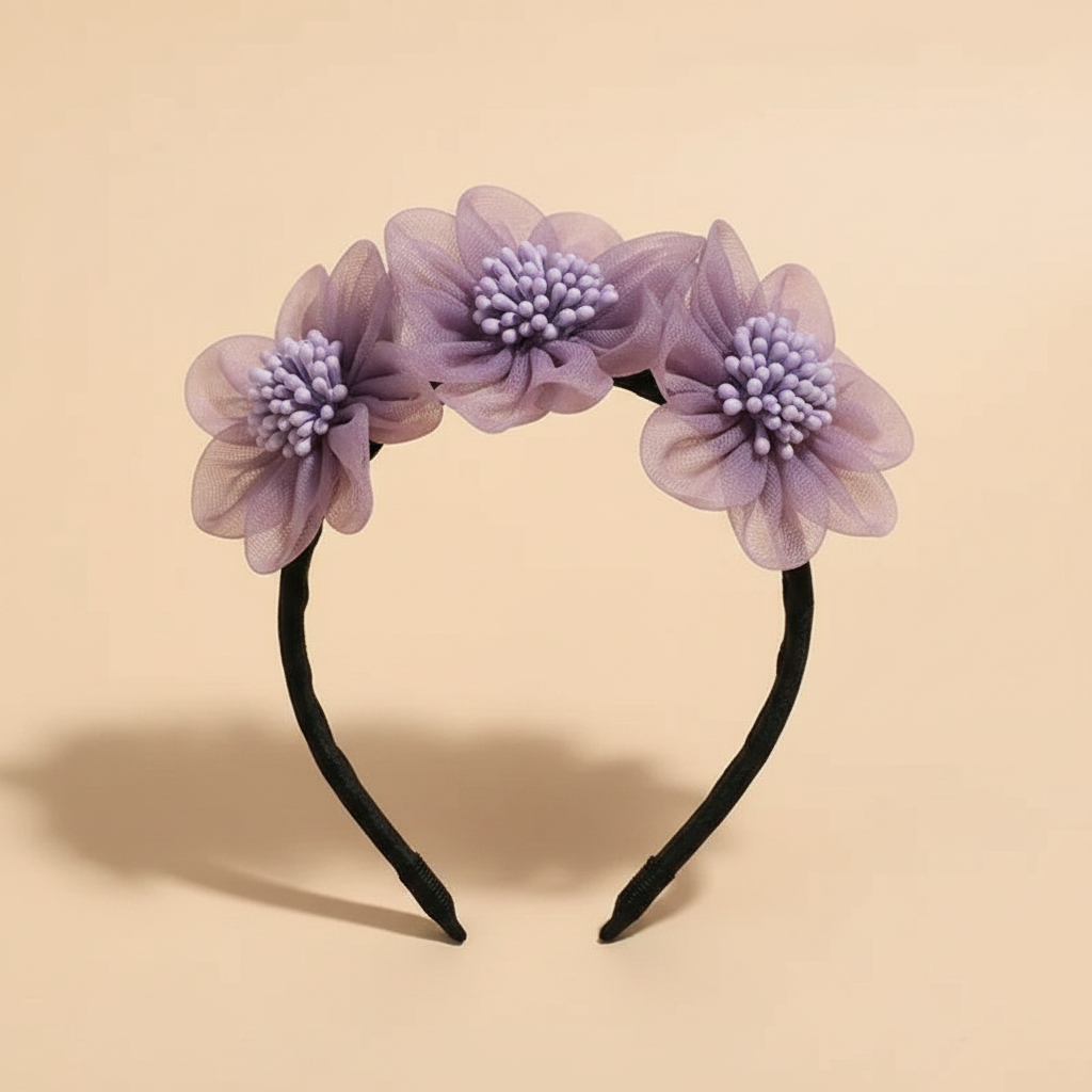 Bandeau Magique Trio Fleur Femme Organza Lilas Brume — Packshot fond beige — Les Jolies Têtes