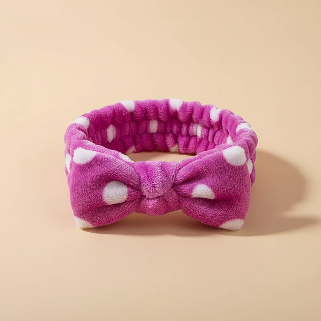 Bandeau Maquillage Nœud Femme Peluche Fuchsia Blanc — Packshot fond beige — Les Jolies Têtes