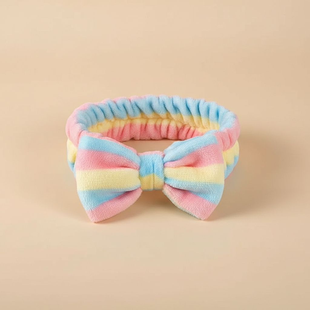 Bandeau Nœud Soin Femme Peluche Rayé Ciel et Jaune Pastel — Packshot fond beige — Les Jolies Têtes