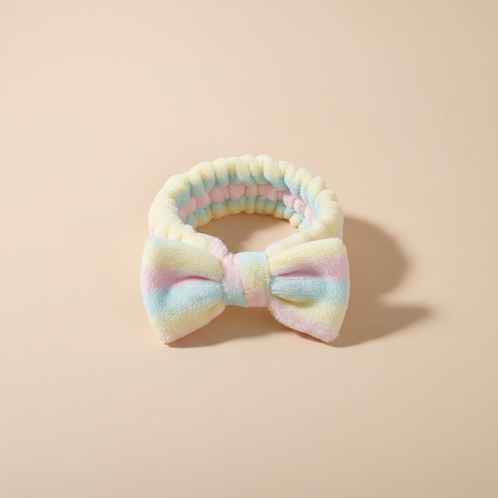 Bandeau Nœud Soin Femme Peluche Rayé Crème Multicolore — Packshot fond beige — Les Jolies Têtes