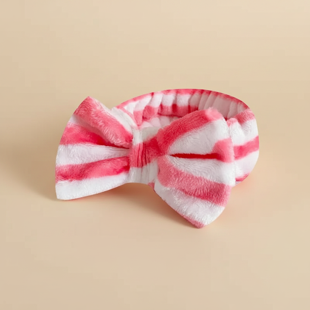 Bandeau Nœud Soin Femme Peluche Rayé Lavande et Blanc — Packshot fond beige — Les Jolies Têtes