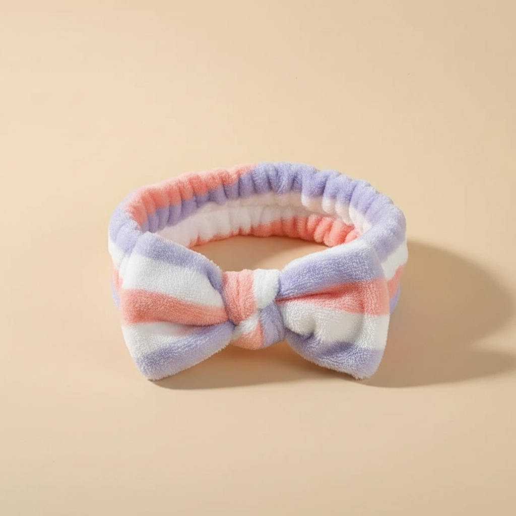 Bandeau Nœud Soin Femme Peluche Rayé Lilas et Corail — Packshot fond beige — Les Jolies Têtes