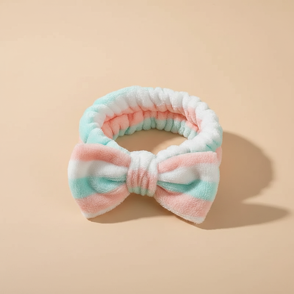 Bandeau Nœud Soin Femme Peluche Rayé Menthe et Pêche — Packshot fond beige — Les Jolies Têtes