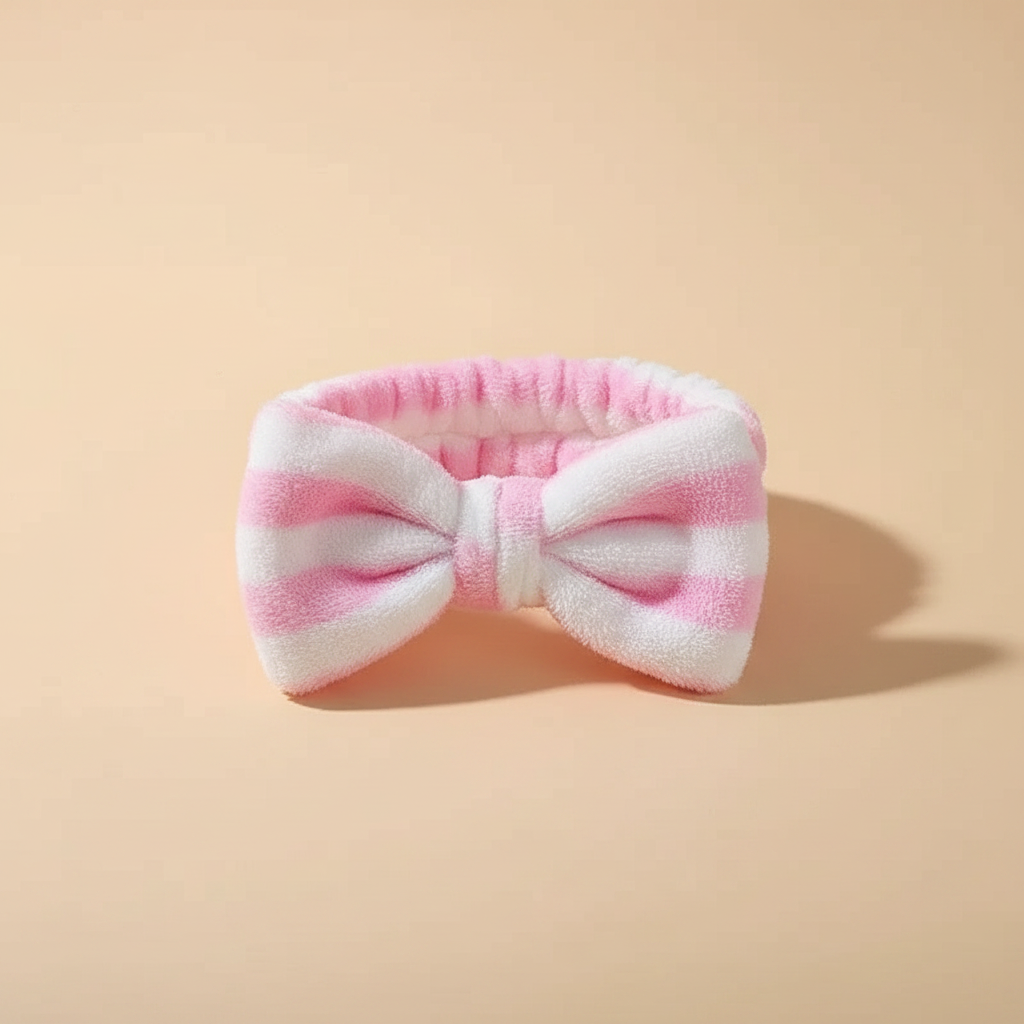Bandeau Nœud Soin Femme Peluche Rayé Rose et Blanc — Packshot fond beige — Les Jolies Têtes