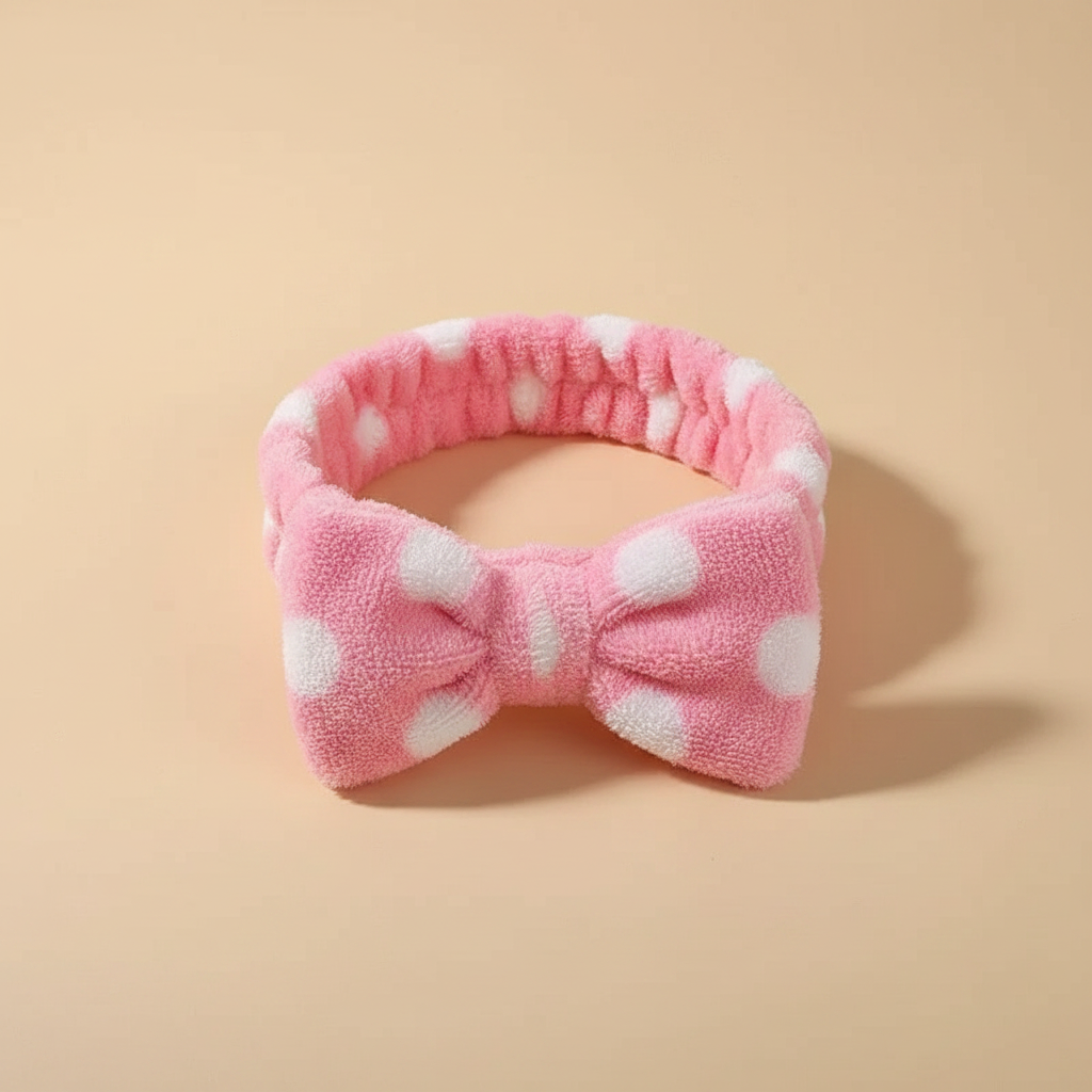 Bandeau Nœud Spa Femme Peluche Rose Clair à Pois Blanc — Packshot fond beige — Les Jolies Têtes