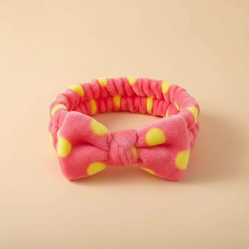 Bandeau Nœud Spa Femme Peluche Rose Corail à Pois Jaune — Packshot fond beige — Les Jolies Têtes