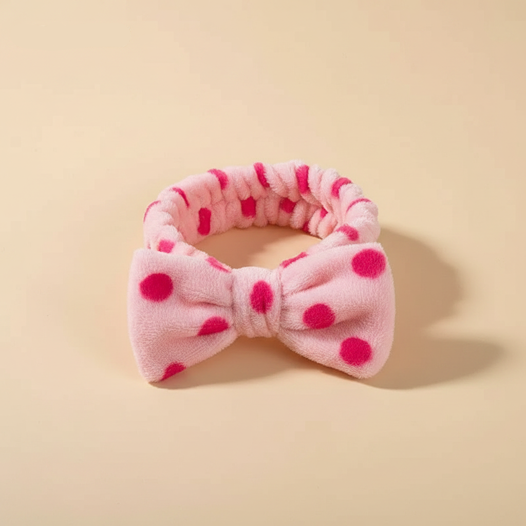 Bandeau Nœud Spa Femme Peluche Rose Poudré à Pois Fuchsia — Packshot fond beige — Les Jolies Têtes