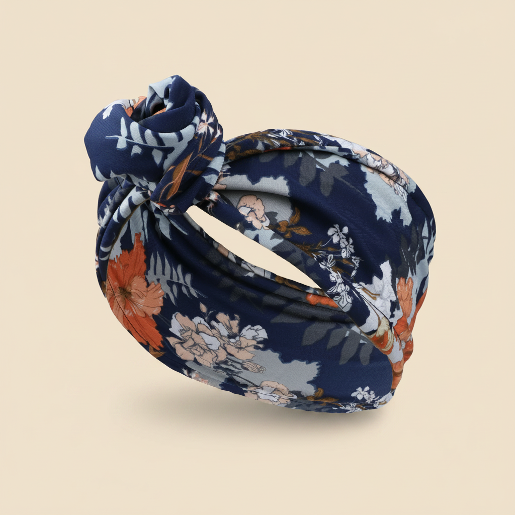 Bandeau Nœud Turban Femme Rigide Imprimé Floral Bleu Marine — Packshot fond beige — Les Jolies Têtes