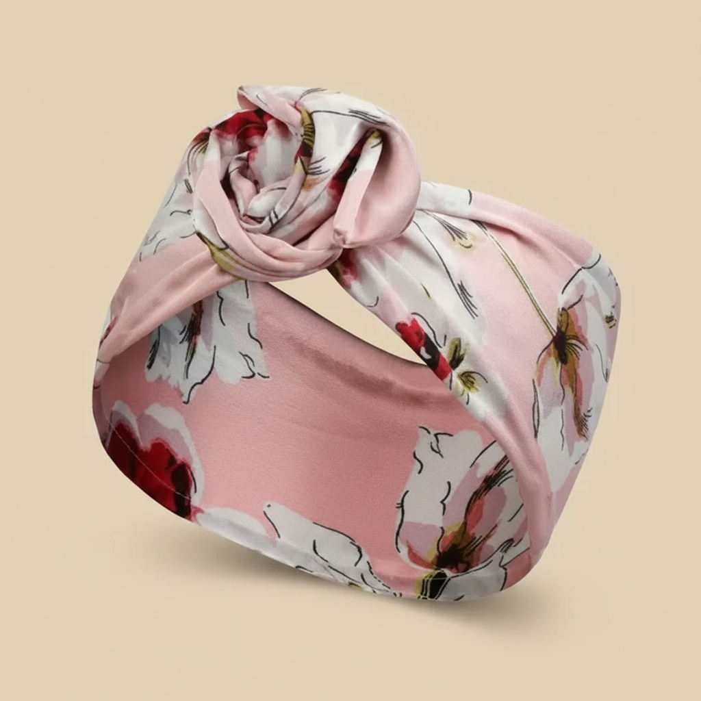 Bandeau Nœud Turban Femme Rigide Imprimé Floral Rose Pastel — Packshot fond beige — Les Jolies Têtes
